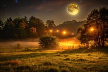 A serene field illuminated by the glow of a full moon.