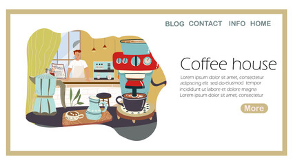 Landing page coffee house, tea cups, mugs. Background, template, web. Hand drawn vector illustration.