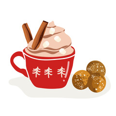 Hot cocoa, coffee mug, cup,chocolate cookies. Warm cacao cup, winter drink with whipped cream and cinnamon sticks. Flat vector hand drawn illustration isolated on white background.