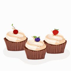 Muffins decorated with whipped cream cheese and berries. Sweet muffins in paper cups. Dessert pastries, sugar snacks, small cakes. Hand drawing. Flat vector illustration isolated on white background