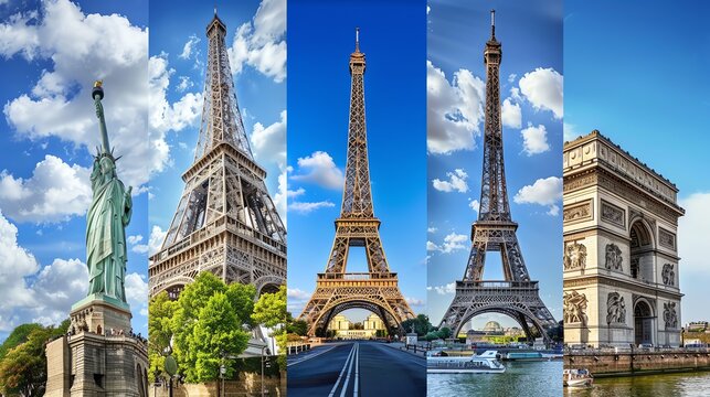 A collage of famous landmarks, including the Statue of Liberty, the Eiffel Tower, and the Arc de Triomphe.