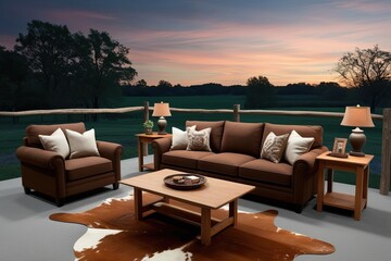 Realistic 3D Rendering of Countryside Home Living Room Featuring Brown Couch Oak Coffee Table and Rustic Hide Rug at Dusk