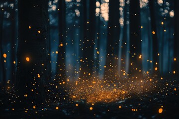 Magical fireflies lighting up a forest at night