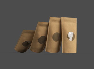 3D rendered image of a paper stand-up pouch with a transparent window on dark background
