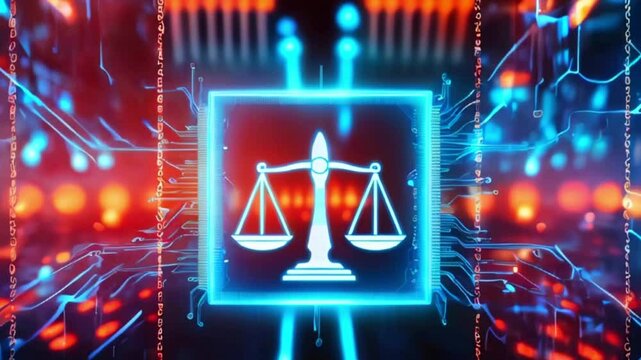 Digital scales of justice on a glowing blue screen with a technology background.