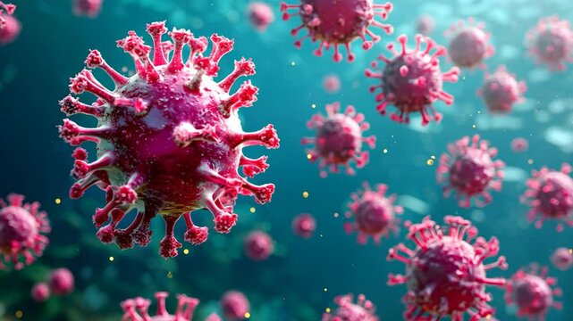 A close up of a pink virus in a blue ocean. The virus is surrounded by other pink viruses