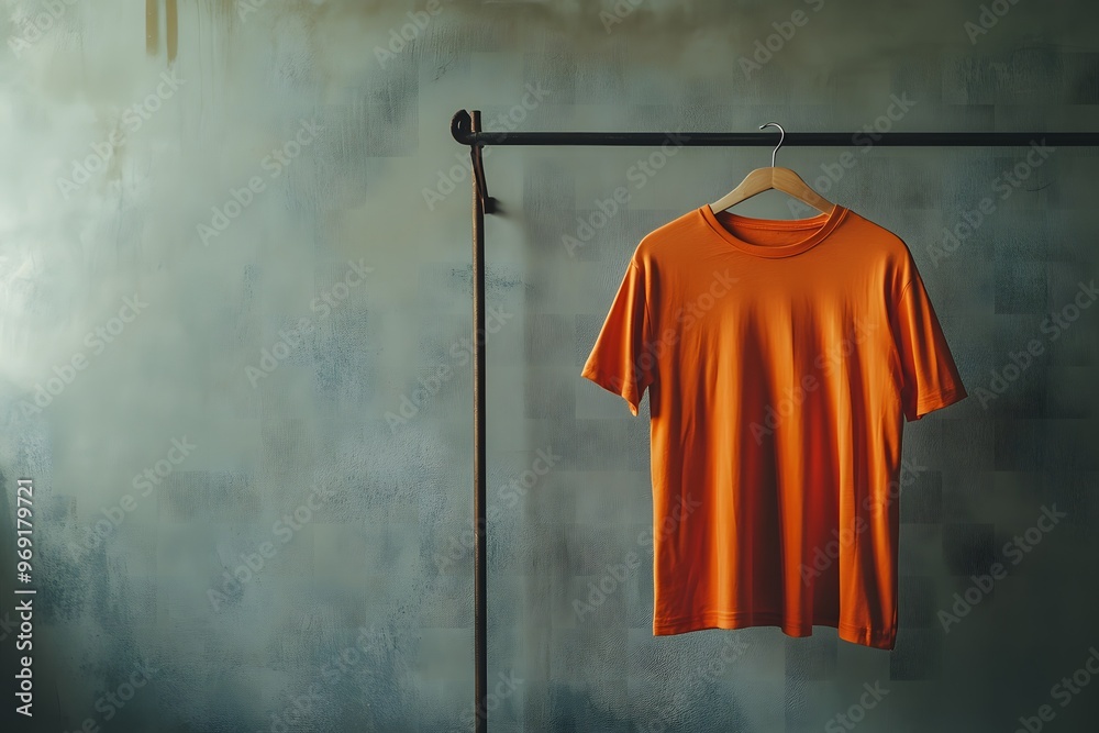 Wall mural Orange shirt hanging on a clothes rack 