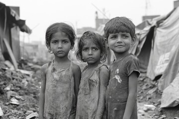 Three children standing in poverty-stricken slum