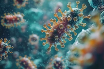 Fototapeta premium Microscopic view of various colorful viruses floating around
