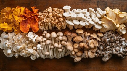 A vibrant image of assorted mushrooms, including shiitake, oyster, and portobello, arranged artistically on a rustic wooden surface.