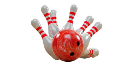 Bowling Ball hits bowling pins on transparent background
