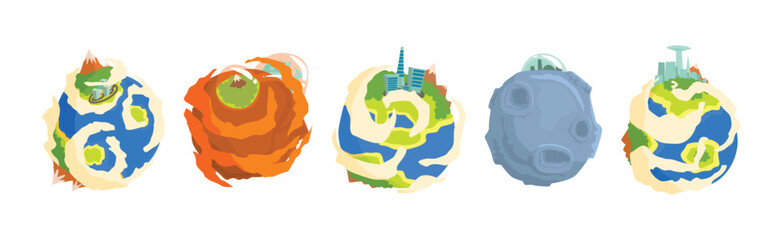 Fantastic Round Planet with Fiction Life Vector Set