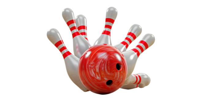 Bowling Ball hits bowling pins on transparent background