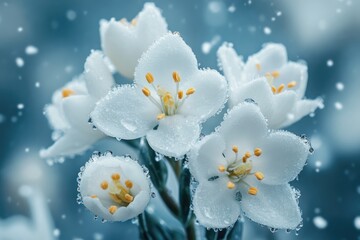 Delicate white flowers covered with snowflakes during winter