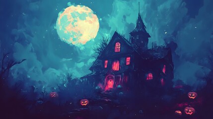 Haunted House with Jack O Lanterns on Halloween Night