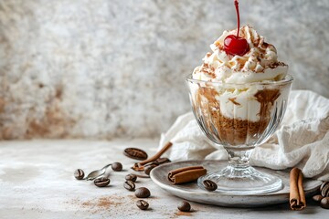 Coffee ice cream sundae with whipped cream and a cherry, served in a glass dish