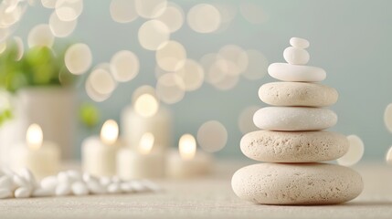 Obraz premium Serene spa scene with stacked stones, candles, and greenery, perfect for wellness and relaxation themes.