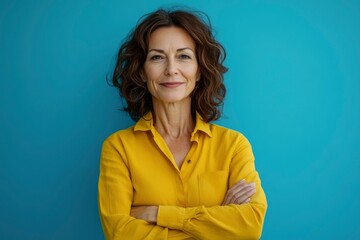 Obraz premium Beautiful, attractive, middle aged woman wearing casual yellow shirt with arms crossed standing isolated on blue background. with generative ai