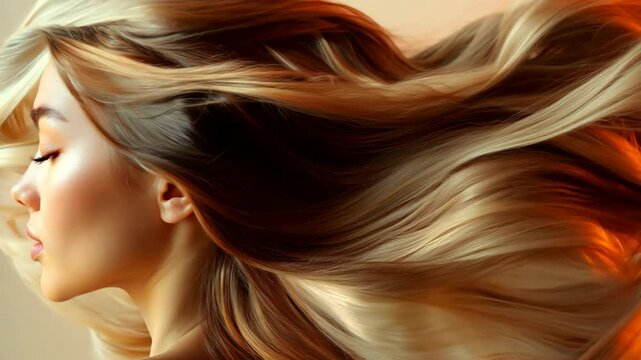 A woman with long blonde hair is shown in a close up. The hair is styled in a way that it is flowing and is very long. The woman's face is also shown, and she has a relaxed expression