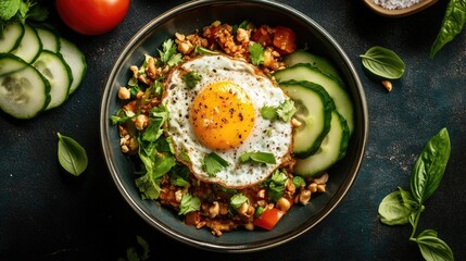 A vibrant top-down shot of a Thai basil stir-fry with a delicious fried egg, garnished with fresh herbs and served with a side of sliced cucumber and tomato.