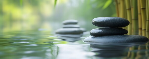 Fototapeta premium Zen Stones in Water with Bamboo Background