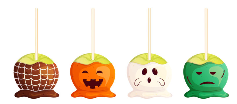 Halloween traditional spooky sweets apples in caramel set isolated on white. Spider web, pumpkin, ghost, zombie decorated.