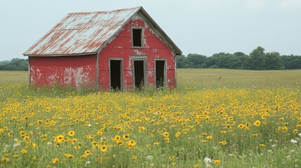 A picturesque scene of an old red barn with a rusted roof stands amidst a vibrant wildflower-covered field, capturing the essence of rural tranquility