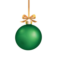 Vector green realistic christmas ornament with golden bow.