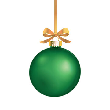 Vector green realistic christmas ornament with golden bow.