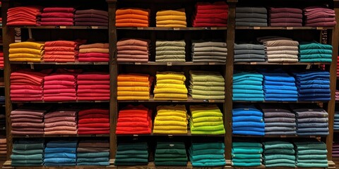 Array of shelves in a retail store displaying neatly folded and organized sweaters in various colors, ranging from warm hues of red and orange to cool hues of blue and green
