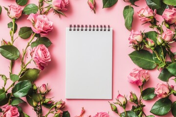 Obraz premium Blank notepad mockup. Rose flowers on a pink background with generative ai