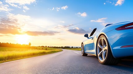 A sleek blue sports car on a scenic road during a vibrant sunset, evoking adventure and freedom.
