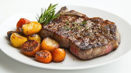 A well-seasoned steak with a side of roasted vegetables, artistically arranged on a white plate, with a clean white background highlighting the meal.