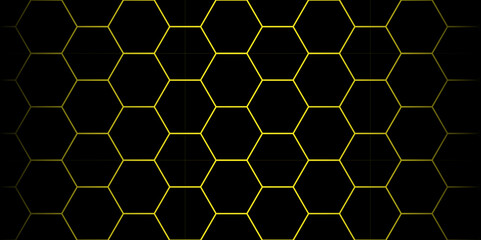 Black hexagon grid texture with yellow lining. Abstract background with geometric polygon shapes. Seamless futuristic pattern. Embossed Hexagon , honeycomb. Hexagonal metal background. golden, gold. 