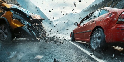 A head-on collision between a red and a yellow car.