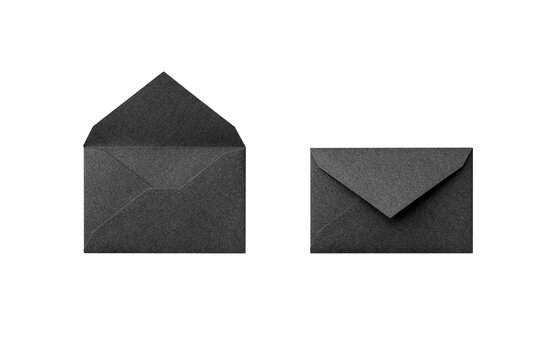 Cutout of an open and closed back side of black envelope with lame seen from overhead	