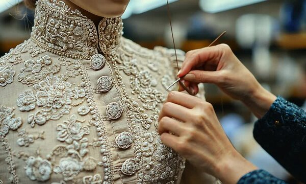 Closeup of a Dressmaker's Hands Carefully Sewing Embroidered Details on a Mannequin