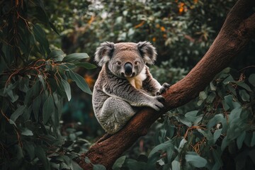 Fototapeta premium A cute koala sits on a tree branch, surrounded by lush greenery. This photo captures the essence of wildlife and nature. It portrays calmness and tranquility. Generative AI