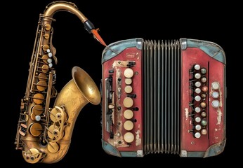 Naklejka premium an old musical instrument next to a red accordion