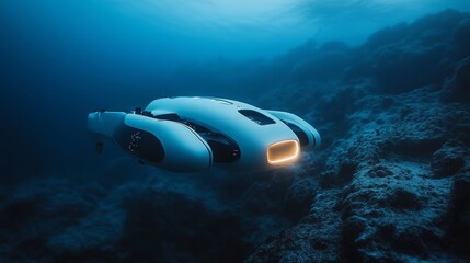 Fototapeta premium Futuristic AI-controlled underwater drones exploring ocean ecosystems: Drones exploring marine environments, mapping ecosystems, and gathering data for research.