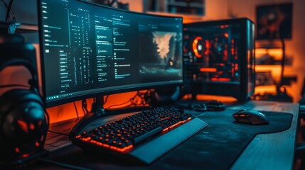 A competitive gaming setup with a mechanical keyboard, professional mouse, and a dual-screen display.