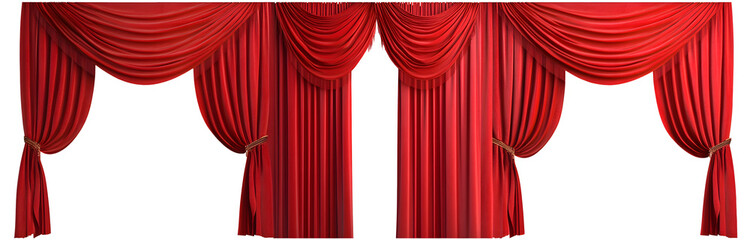 Set/collection of long, velvet, red curtains. Luxurious curtains for decorating a stage in a theater or cinema. Isolated on a transparent background.