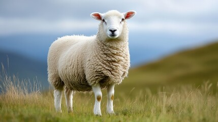 Single white sheep in the field isolated background