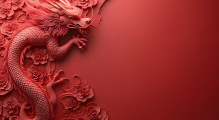 “Red Background with Dragon Decoration on the Left Side of the Frame, Featuring Traditional Chinese Design Elements and Rich Colors, Emphasizing the Cultural Significance and Artistic Flair of Dragon 