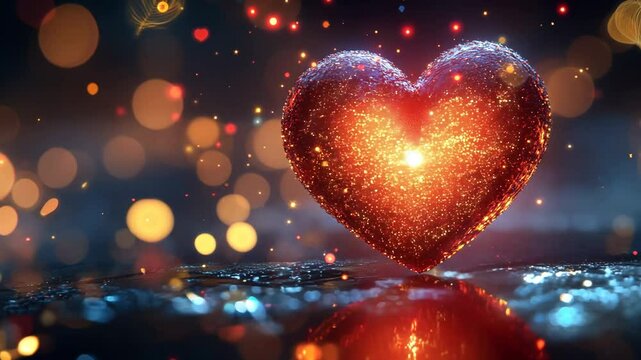 A heart made of fire is floating on a dark surface. The heart is surrounded by a glowing light, giving it a warm and romantic feel. Concept of love and passion, as well as a feeling of danger