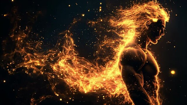 A man with a long, flowing mane of hair is surrounded by a fiery explosion. Concept of power and intensity, as the flames seem to be engulfing the man. The contrast between the man's muscular physique