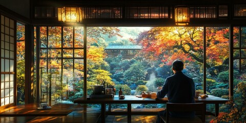 Man sits at table with tea set, gazing at fall