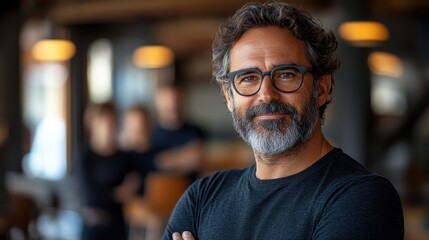 A confident, middle-aged man with glasses and a beard stands in a modern, warmly-lit indoor setting with blurred people in the background