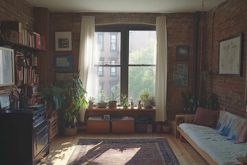 Fototapeta premium Cozy living room with large window, plants, and rustic decor.