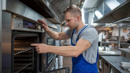 Maintenance worker adjusting settings on a commercial oven in a busy kitchen